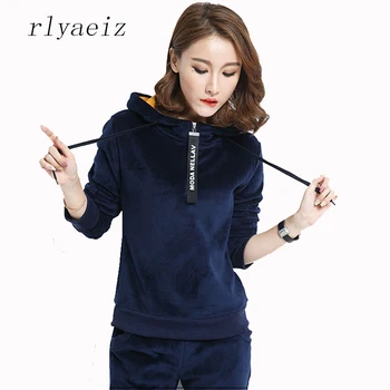 

RLYAEIZ Thicken Gold Velvet 2 Pieces Sets Women 2017 Autumn Winter Hooded Hoodies + Pants Tracksuits Woman Casual Sporting Suits