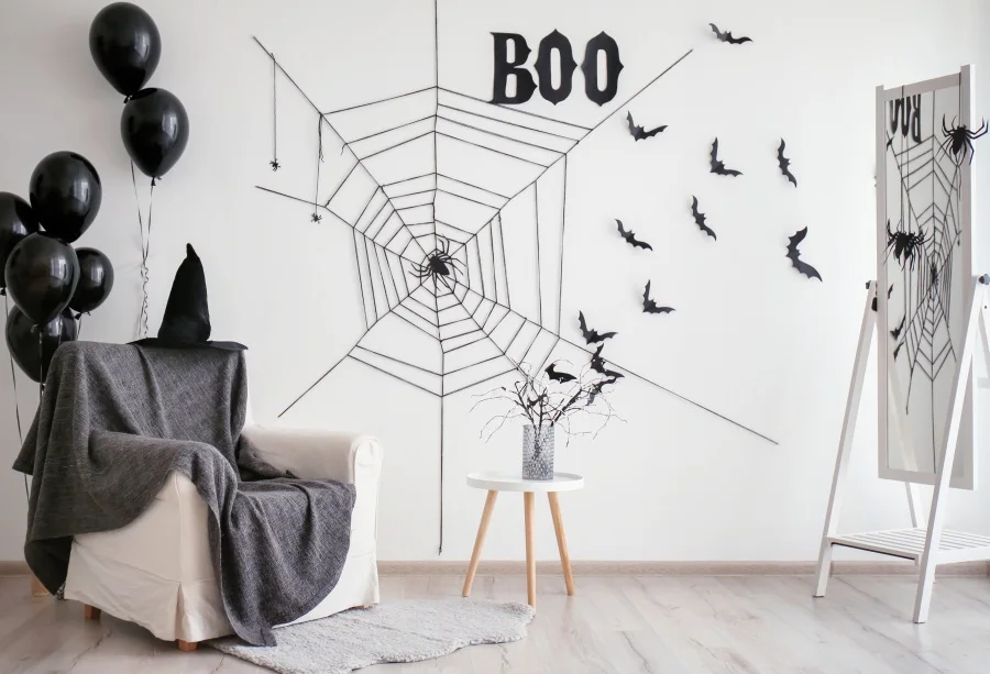 

Laeacco Black Balloon Sofa Spider Net Bat Drawing Interior Photo Backgrounds Customized Photography Backdrops For Photo Studio