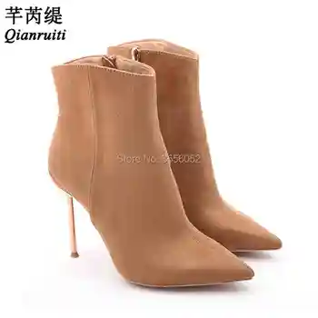 

Qianruiti Big Size 43 Pointed Toe Women Shoes Autumn Faux Suede Zipper Booties Metallic Stiletto Heel Ankle Boots Scarpe Donna