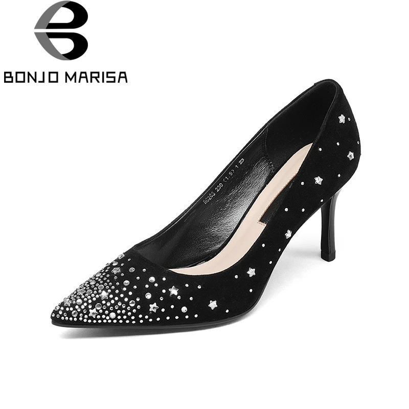 

BONJOMARISA 2018 Spring Autumn New Brand Women Crystal Pumps Natural Kid Suede Ol Shoes Woman High Thin Heels Shallow Lady Shoe