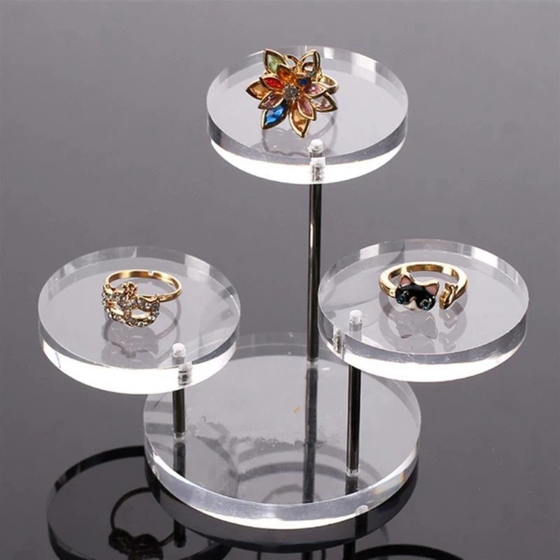 

Simple Transparent Acrylic Necklace Ring Earrings Clear Stand Rotating Three Round Thick Podium Jewelry Ring Display Stand