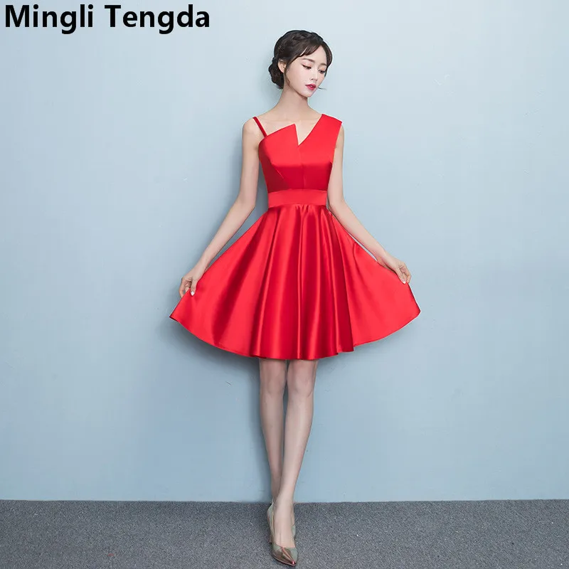 

Mingli Tengda V-Neck Bridesmaid Dresses Short Red Satin One Shoulder vestido madrinha casamento longo robe demoiselle d'honneur