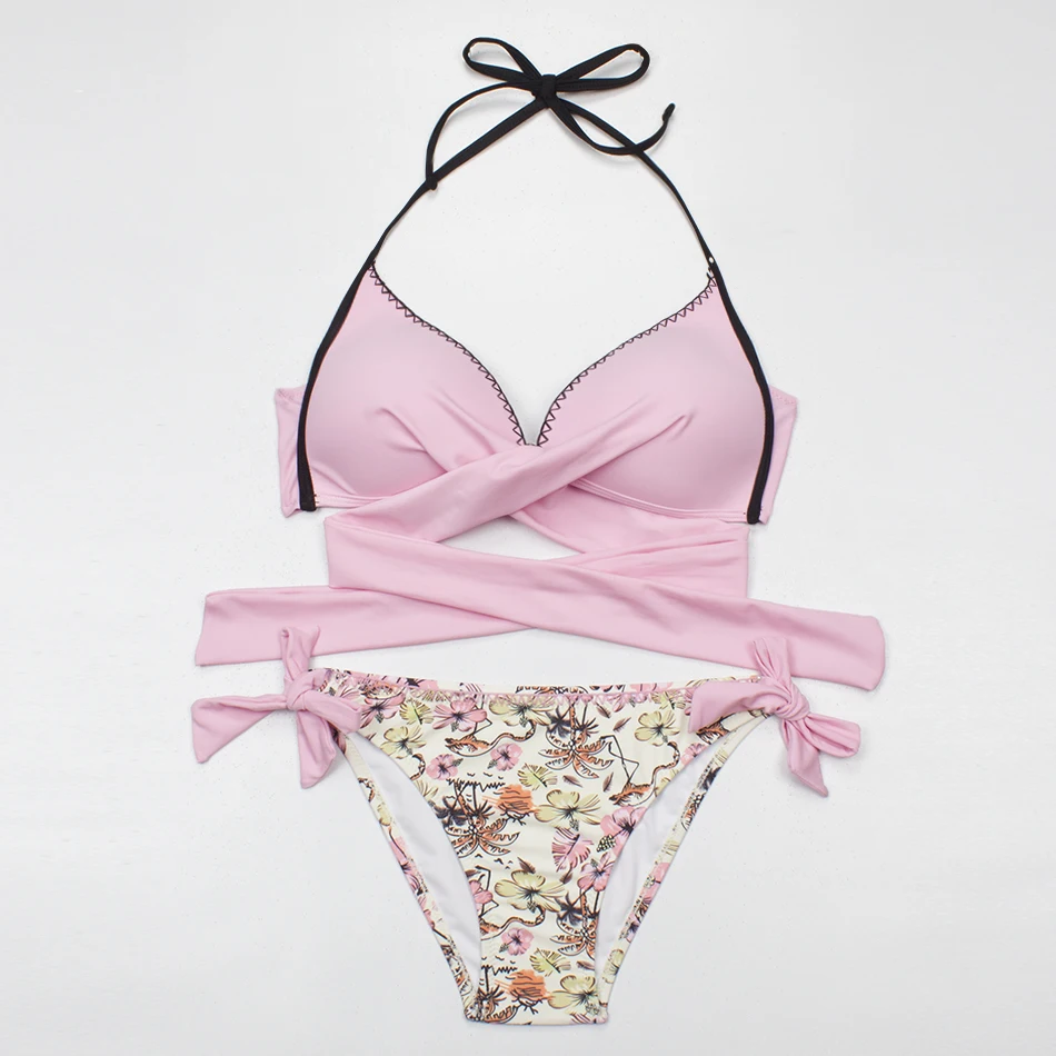 ESSV сексуальное бикини для женщин плавание костюм Push Up Одежда крест накрест бикини с перекрестной шнуровкой комплект пляжные ванный XXL - Цвет: Pink