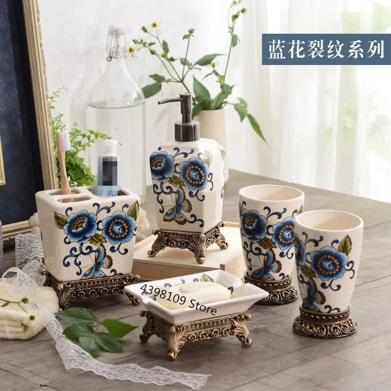

European ceramic bathroom five-piece American-style wash kit Ice cracked couple cup Bathroom bathroom supplies