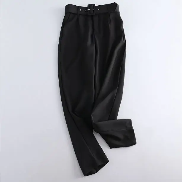 NEW Fashion Woman Black CREPE TROUSERS WITH Buckle BELT High Rise front pleats Back Sides piped pockets Long Pants