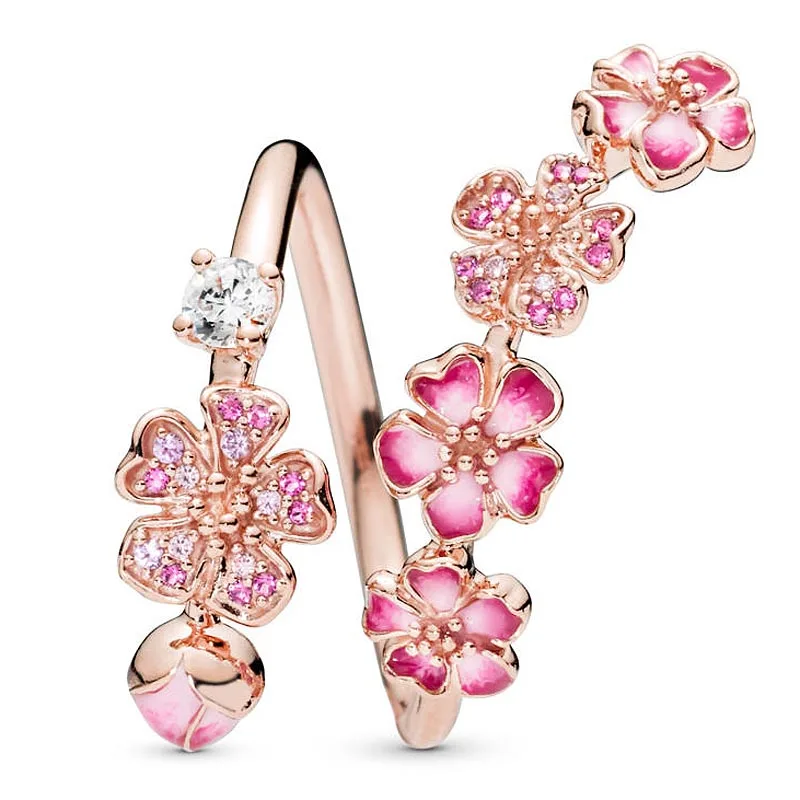 

Authentic 925 Sterling Silver Ring Openwork Pink Enamel Peach Blossom Rings For Women Wedding Party Gift Fine Pandora Jewelry