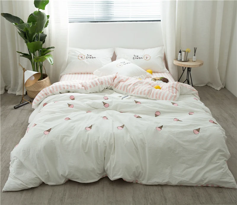 4pcs Washed Cotton Simple Fresh Ice Cream Bedding Set Embroidery