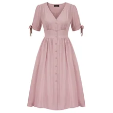 Women retro Dress Short Sleeve V-Neck Button Placket Cotton dresses summer ladies solid color ruched swing A-Line dress elegant