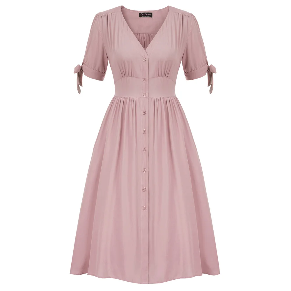 

Women retro Dress Short Sleeve V-Neck Button Placket Cotton dresses summer ladies solid color ruched swing A-Line dress elegant