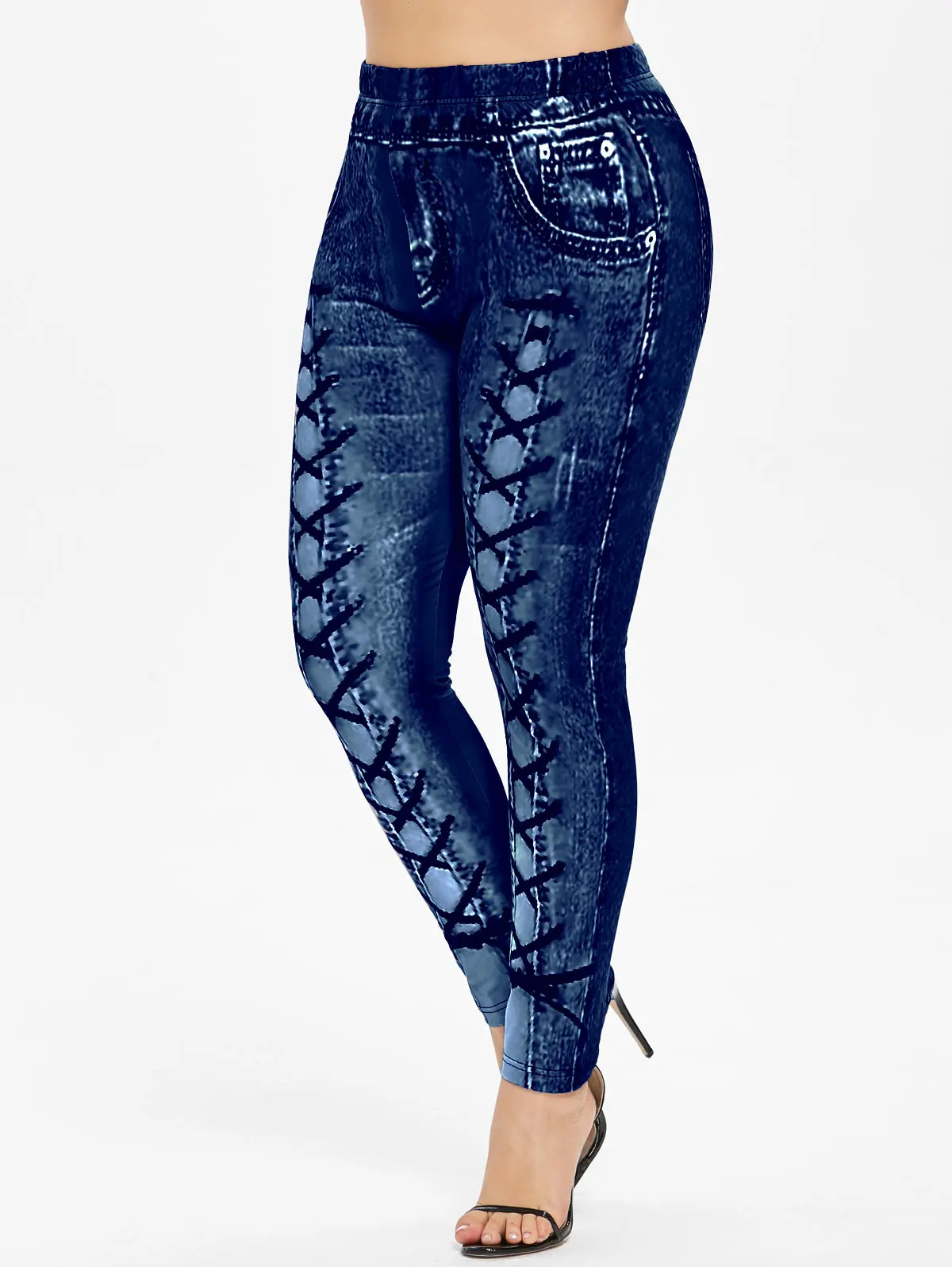 Wipalo, леггинсы размера плюс с высокой талией и 3D принтом, женские штаны, повседневные обтягивающие леггинсы с эластичной талией, женские брюки - Цвет: Denim Dark Blue