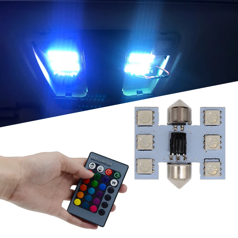 

2pcs 5050 31mm RGB 6SMD Festoon Light c5w Dome Light Car Led Automobile Auto Remote Controlled Colorful Lamp Roof trunk Bulbs