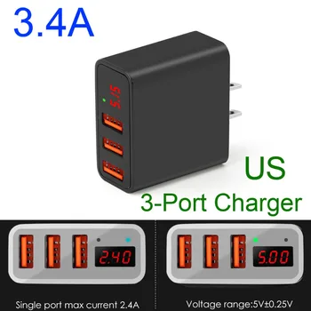 

Smart 3.4A 3 Port USB Charger LED Display Fast Phone Charger Adapter Wall Travel Charger US PLUG BALCK for iPhone Samsung