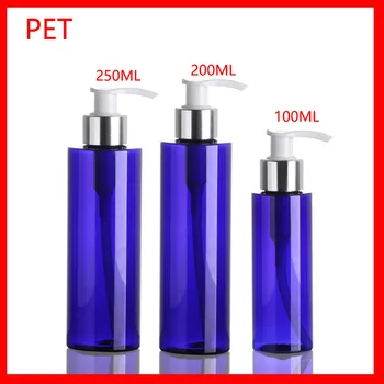 شراء100/200/250 مللي PET الأزرق زجاجة بلاستيكية ث الأبيض الصحافة غسول مضخة الشامبو حاوية مستحضرات التجميل فارغة زجاجات إعادة الملء الفضة