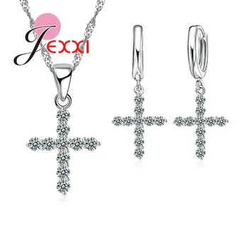 

Vintage Classic Cross Jewelry Sets For Women Wedding Accessory 925 Sterling Silver Pendant Necklace Earrings Set