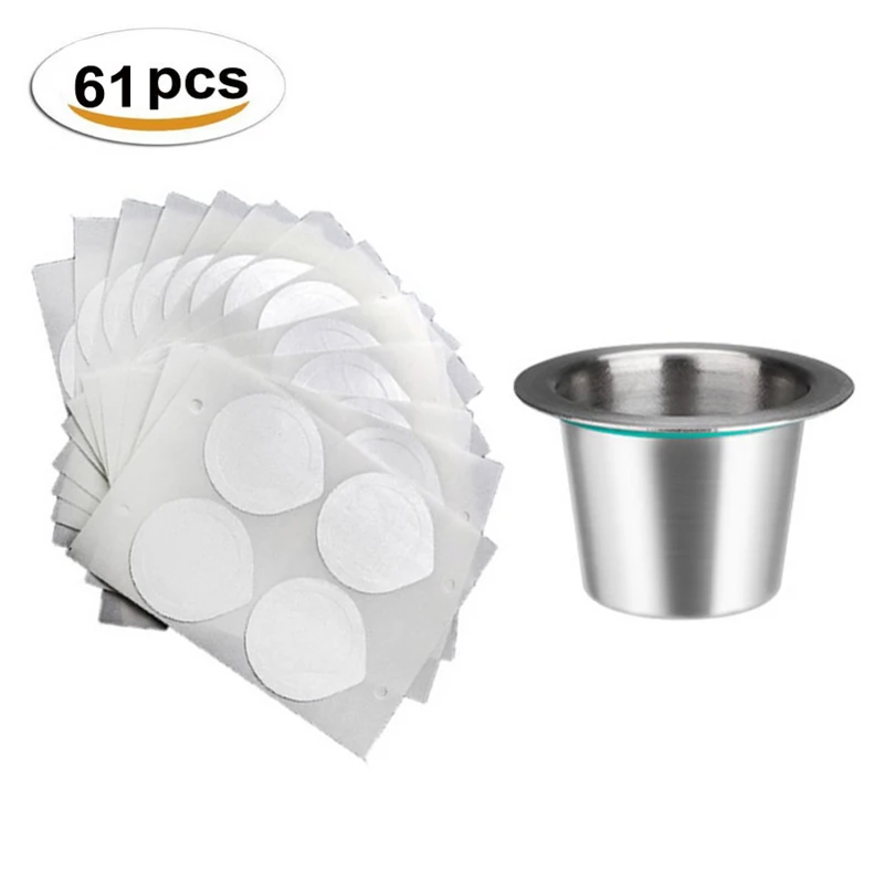 

Reusable Stainless Steel Coffee Capsule Refillable Coffee Pod with 60 Adhesive Seals for Nespresso Original Line Machines Maker