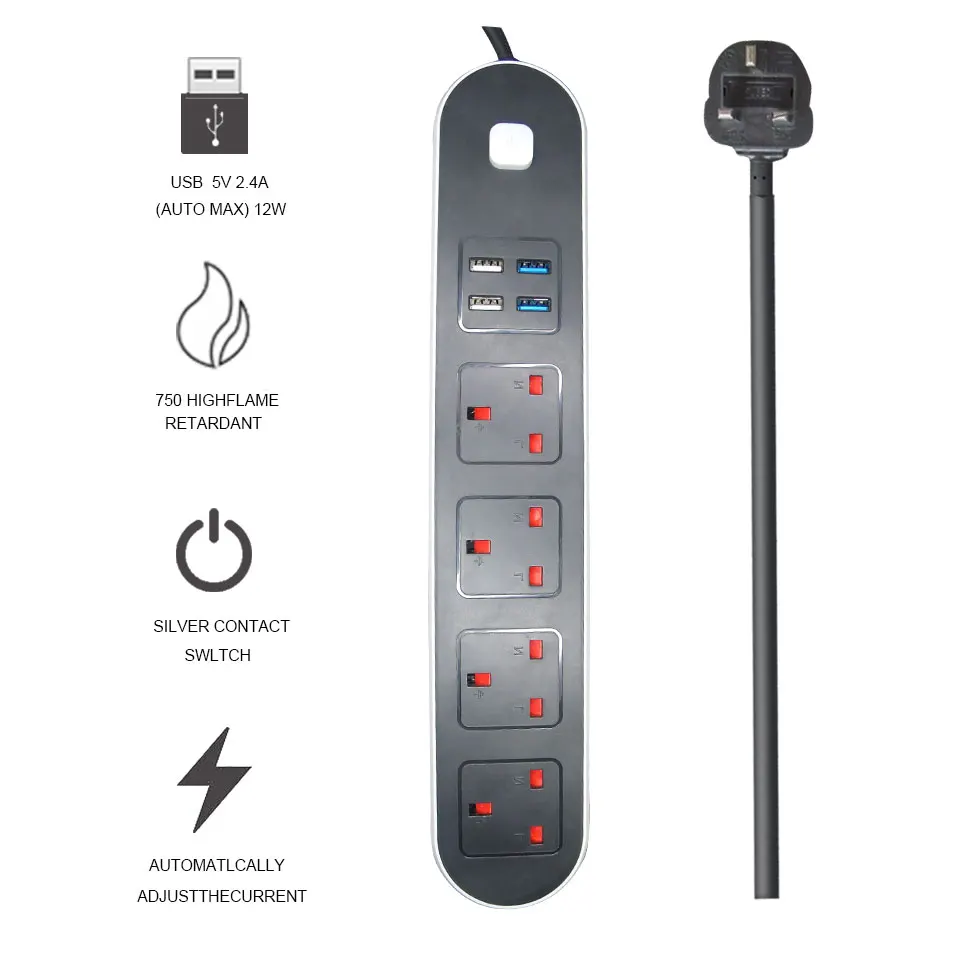 

Smart Home Electronic Power Strip Socket Fast Charging Socket with 4 USB 4 Sockets Standard UK Plug Extension Cord 1.8M
