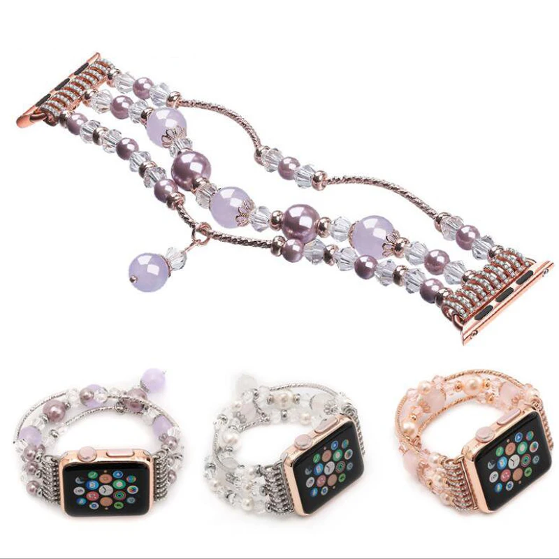 

For Apple Watch Band Handmade Elastic Stretch Beaded Faux Pearl Agate Stone Bracelet Strap Women Girls Smartwatch Band