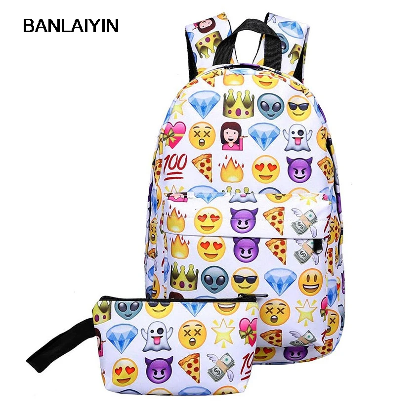 15 Leisure Waterproof Nylon Travel Backpack 2D Smiley Emoji Face Printing School Bag For Teenage Girls Mochila Laptop Bag