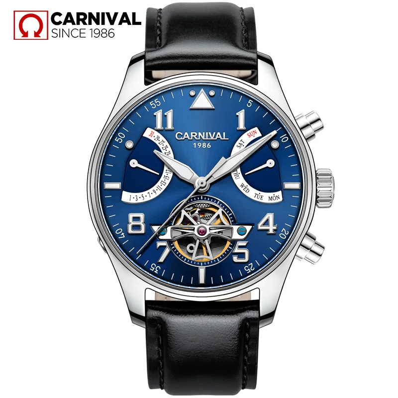 Карнавал сапфир relogio masculino TopBrand автоматические часы для мужчин Tourbillon механические водонепроницаемые часы модные кожаные роскошные - Цвет: Black Silver Blue