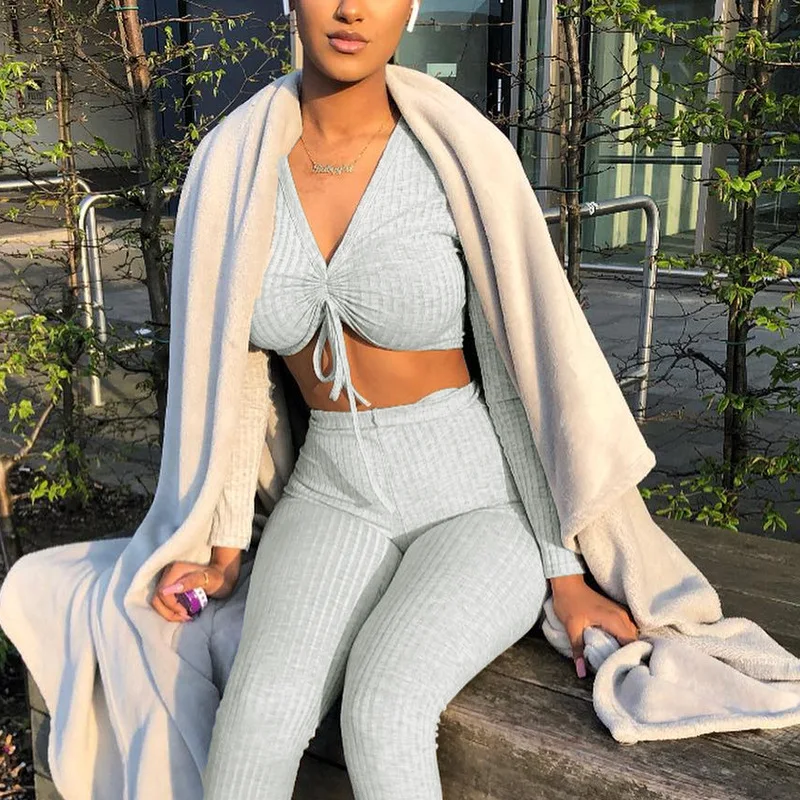  BOOFEENAA Gray Ribbed Knitted Sexy Two Piece Set Top and Pants Tracksuit Women Clothing Fall Winter