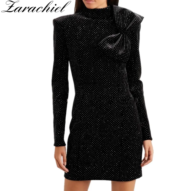 New Fashion Runway Designer Gilding Sequines Velvet Dress Winter Women Long Sleeve Big Bowknot Sheath Bodycon Party Dress