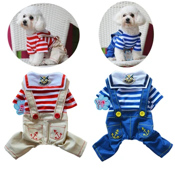 

New Brand Striped Navy Style Denim Pet Rompers Dog Puppy Jean Jumpsuit Clothes
