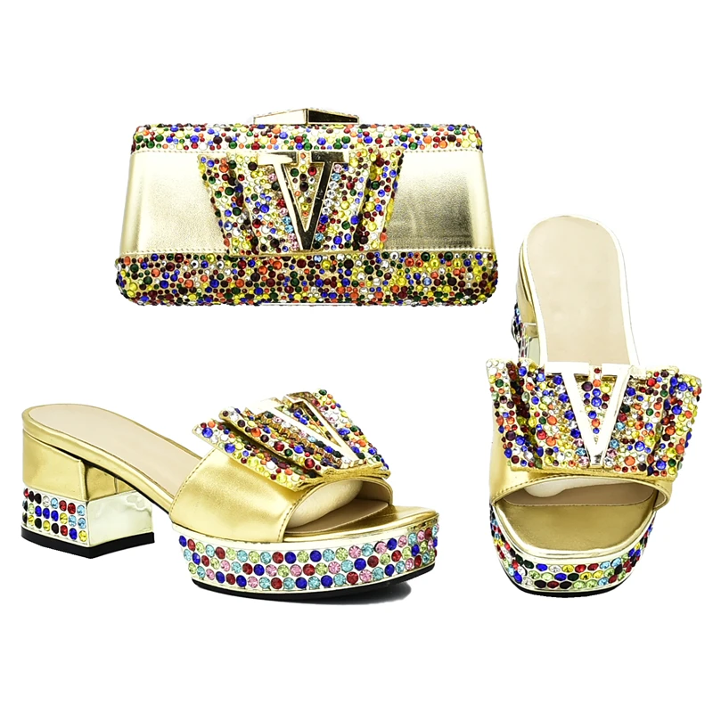 

New Arrival Italian Ladies Shoes and Bags To Match Sets Decorated with Rhinestone Womens Shoes Heels Slip on Shoes for Women