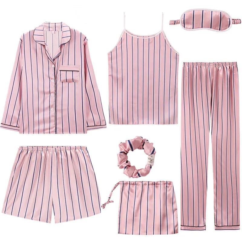 

2019 Brand Pink Women's 7 Pieces Pajamas Sets Emulation Silk Striped Pajamas Women Sleepwear Sets Spring Summer Autumn Homewear