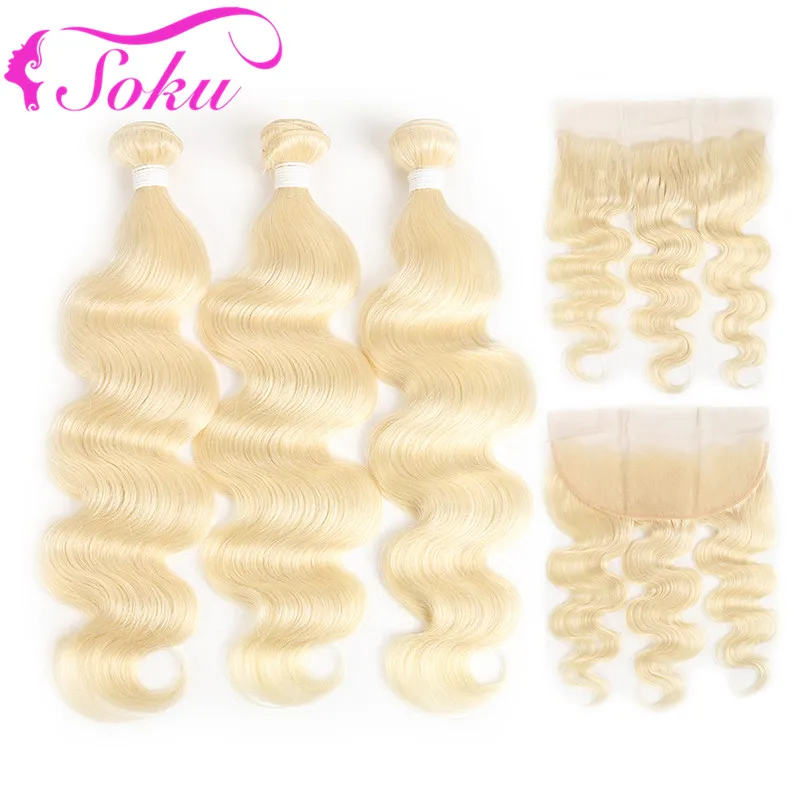

613 Blonde Bundles With Frontal SOKU Brazilian Body Wave Human Hair Weave Bundles Remy Hair Lace Frontal Closure With Bundles