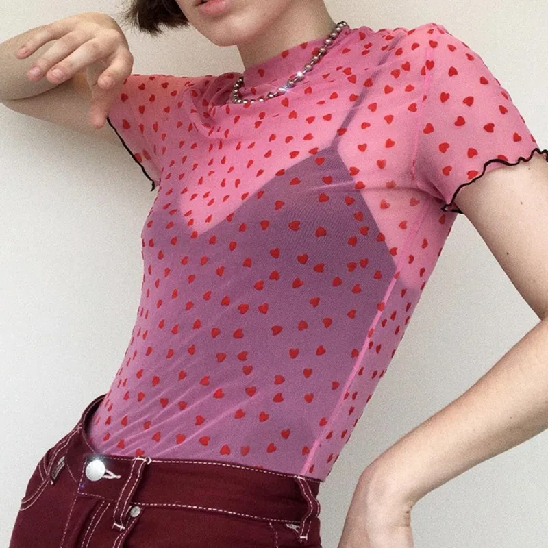 Повседневная розовая Милая Сетчатая футболка с принтом сердца, прозрачная летняя футболка 2019, короткий рукав, топы, одежда