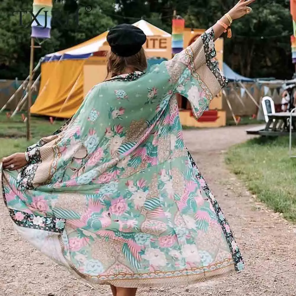 

TXJRH Bohemian V-Neck Peacock Flower Print Long Kimono Shirt Ethnic Lacing up With Sashes Long Cardigan Loose Blouse Tops femme