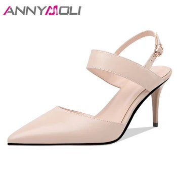 

ANNYMOLI Genuine Leather High Heels Sexy Pumps Weding Shoes Women Thin Heels Ladies Summer Party Shoes Black Large Size 33-42