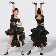 Высококачественное платье для латинских танцев для девочек, блестящие стразы, Детские платья для латинских танцев, черные платья для выступлений