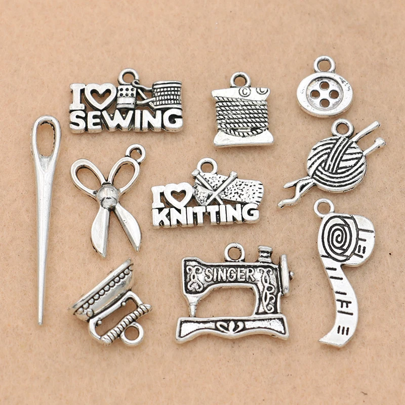 

Mix Tibetan Silver Plated Sewing Ruller Needle Scissors Charm Pendants for Jewelry Making Bracelet Findings Accessories 10styles
