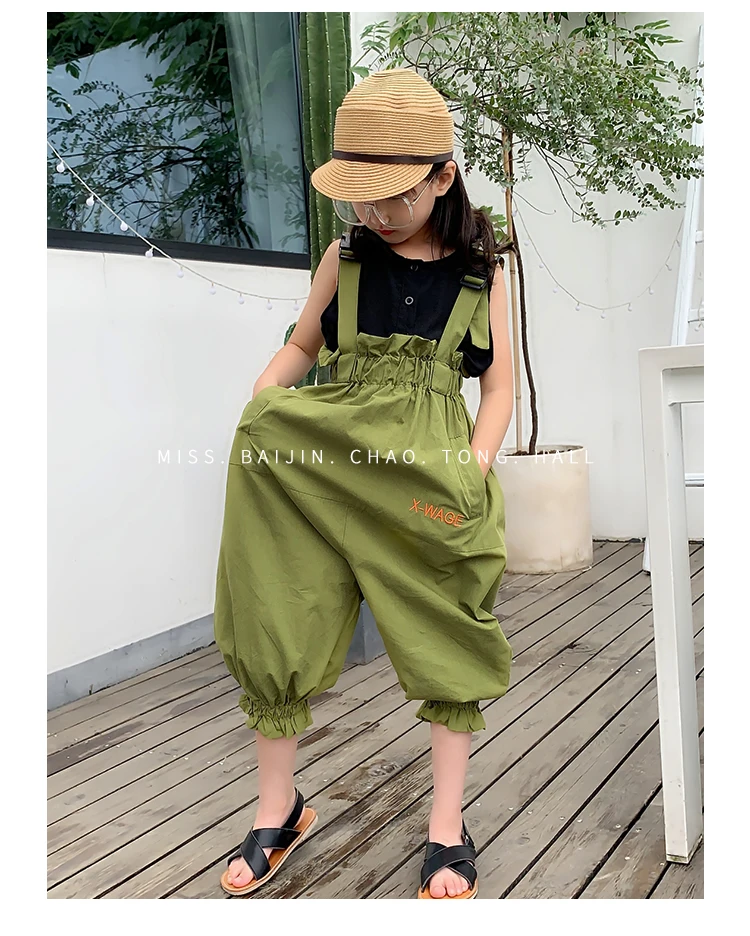 Girls baby black vest+ green jumpsuits 2 pcs sets summer new loose Bloom pants for children clothes overalls suits ws855