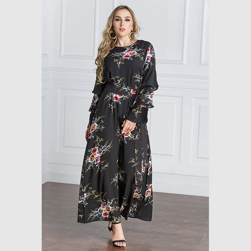 

Fashion O-Neck Summer Maxi Dress Printed Flowers Oversized Women Flare Sleeves Beach Dress Party Night Quality Robe 9071