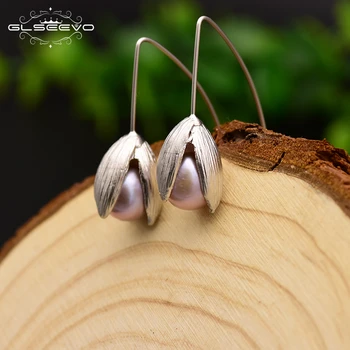 

GLSEEVO Natural Fresh Water Pink Pearl Drop Earrings Gift For Daughter Flower Dangle Earring For Women Fine Jewelry GE0631
