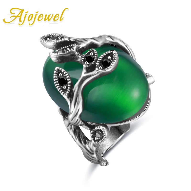 

Ajojewel Green Opal Stone Vintage Ring Black Rhinestone Leaf Rings For Women Bague Femme