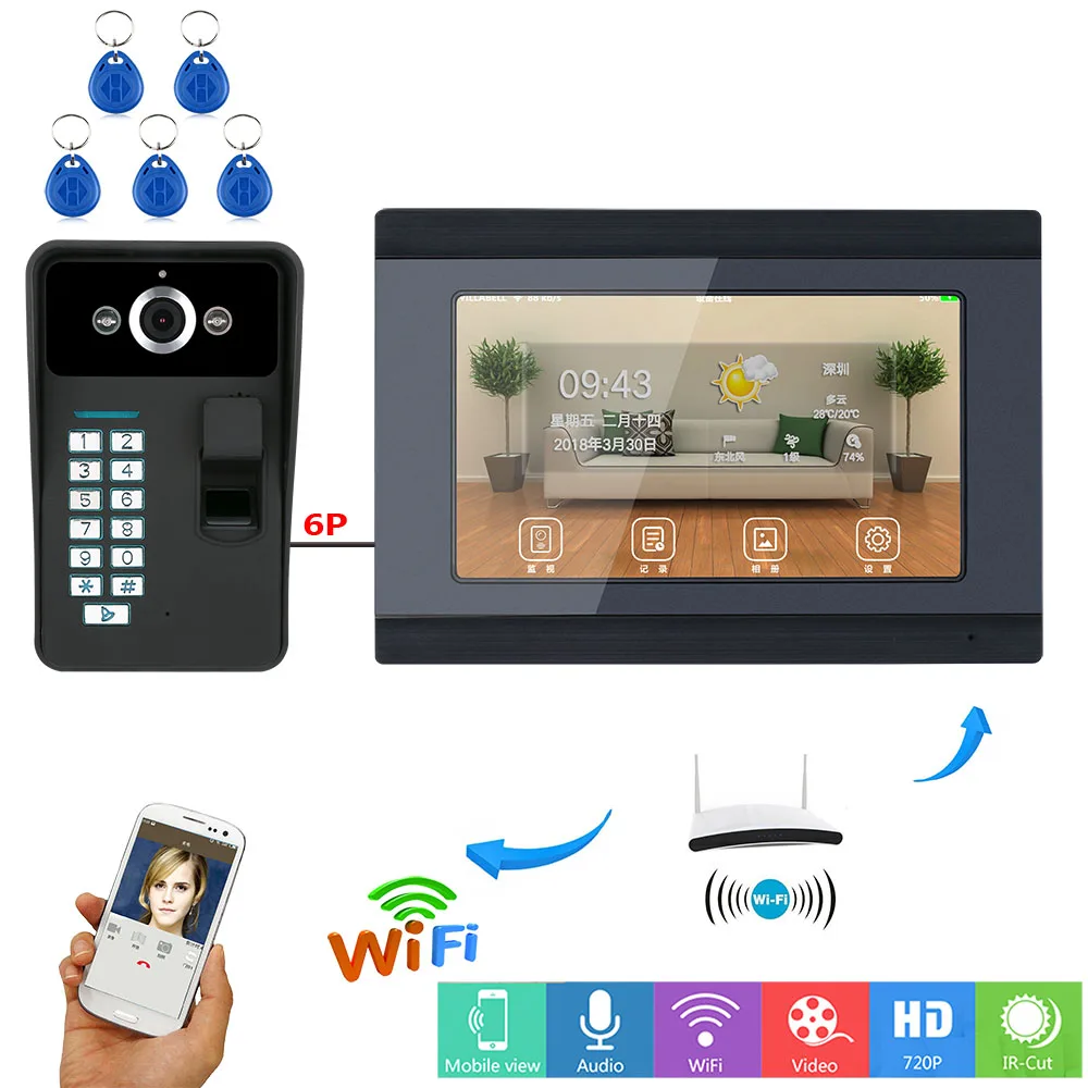 Fingerprint RFID Password 7Inch LCD Wifi Wireless Video Door Phone Doorbell Intercom HD Camera Monitor System APP Control