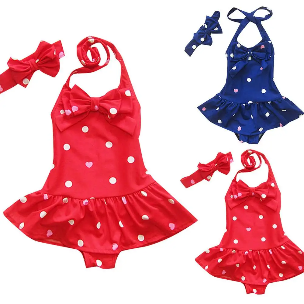 

New Girls Swimwear Bathing Suits Baby swimsuit Toddler Baby Girls Sleeveless Circle Dot Bowknot Headband Beach Swimwear A1