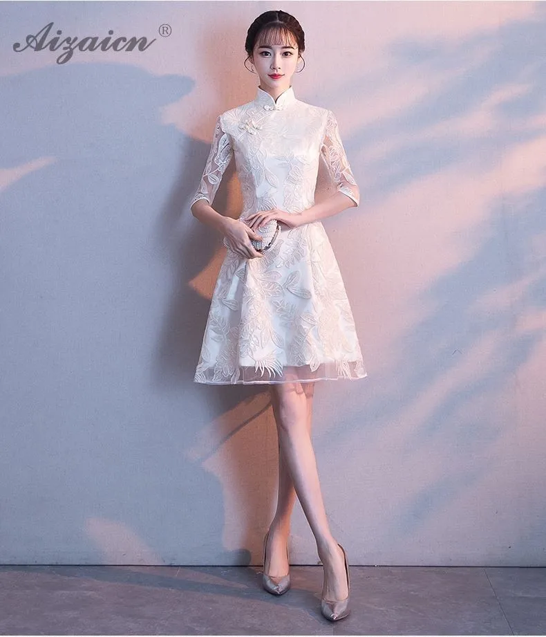 Модное китайское кружевное короткое платье Чонсам в современном восточном стиле Qipao Женская традиционная китайская одежда белое вечернее