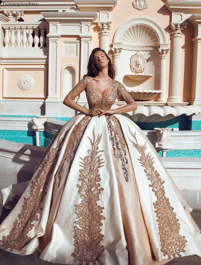 2019 New Ball Gown Wedding Dresses Said Gold Appliques Princess Sheer Scoop Neck Long Sleeves Appliqued Bridal Gowns Formal Chapel Train  266 (5)