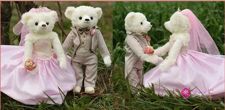 

silver suits & pink long skirt wedding dress bears about 35cm plush toys wedding dolls, wedding gift t6819