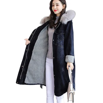

Winter Denim Jacket For Women Hooded Thick Lambs Wool long jackets women Coat Korean style Plus Size 3XL Fashion Cotton Coat