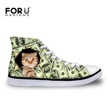 

FORUDESIGNS Novelty Animal Cat in Dollars Print High Top Canvas Shoes Women Vulcaniz Shoes High Quality Female Comfort Flat Shoe