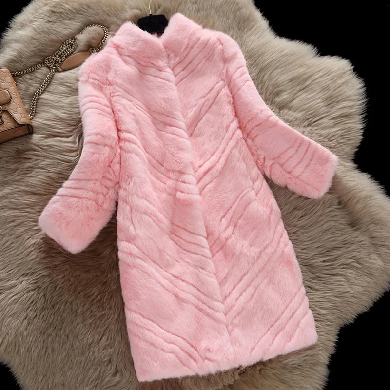 Пальто из натурального кроличьего меха женское осеннее и зимнее приталенное длинное пальто из кроличьего меха Верхняя одежда женская куртка размера плюс S-XXXL g926 - Цвет: pink