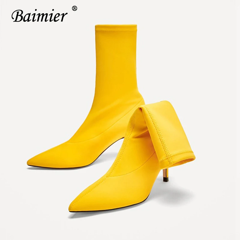 Черные женские ботинки носки Baimier из эластичной ткани ботильоны с острым носком