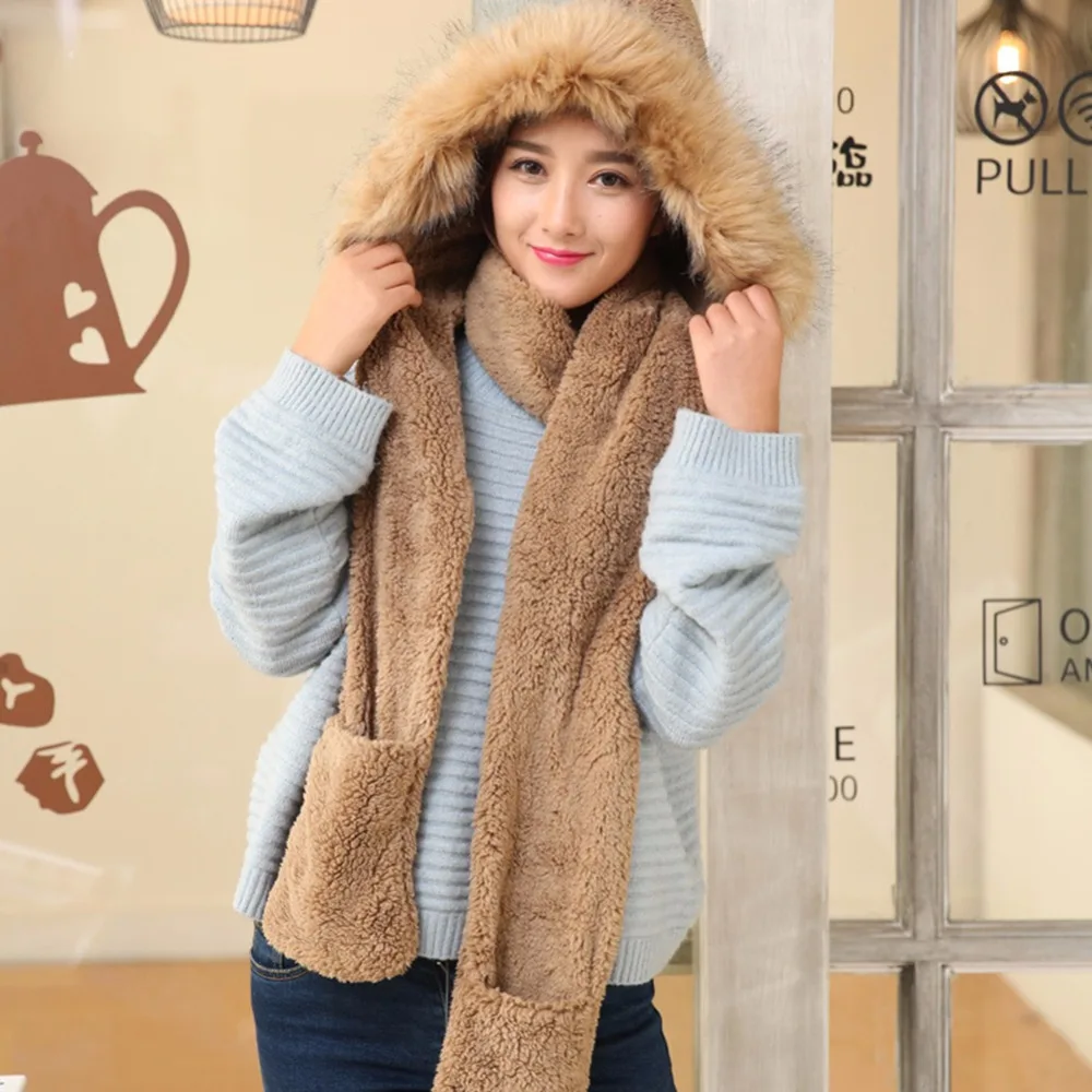 

3pcs/set Women Winter Warm Scarf Hat Gloves Sets Girls Scarf Ksyoocur Solid Hat and Scarf Set Soft Plush Faux Fur Female Trendy