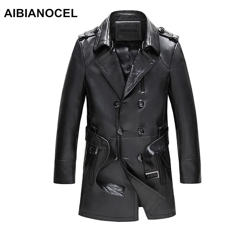 

AIBIANOCEL Brand Real Leather Jacket Men Spring Fashion Sheepskin Leather Jackets Black Long Style jaquetas em couro masculina