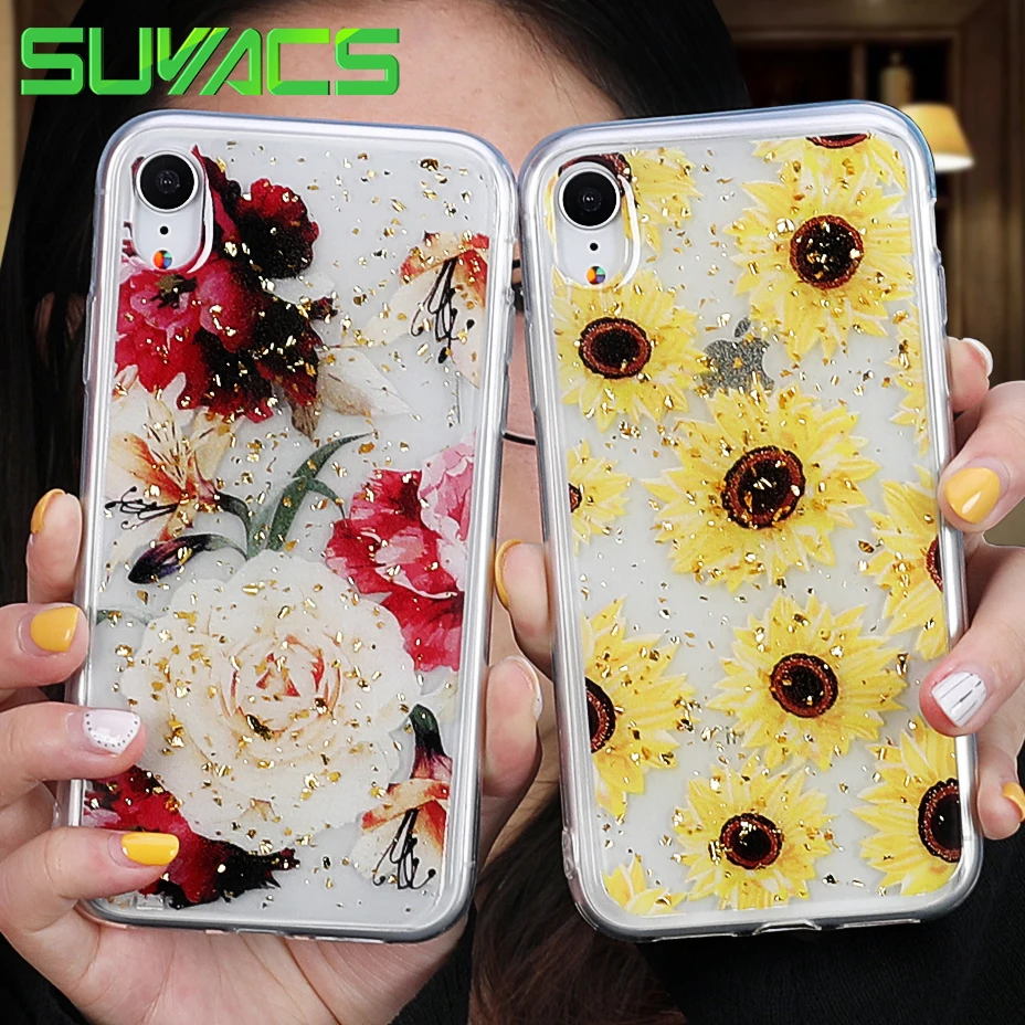 

SUYACS For iPhone 6 6S 7 8 Plus X XS MAX XR Case Hot Beautiful Flower Gold Powder Epoxy Soft TPU Graphic Phone Cases Best Gift